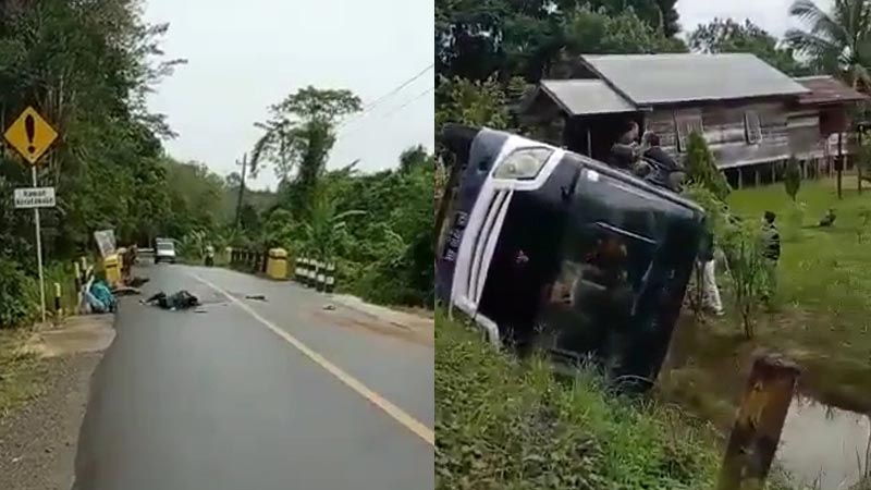 Kondisi bus yang terguling keluar dari badan jalan (kanan) dan pengendara sepeda motor yang terlibat kecelakaan di ruas jalan Ampah-Tamiang Layang, Jumat (26/11/2021) pagi