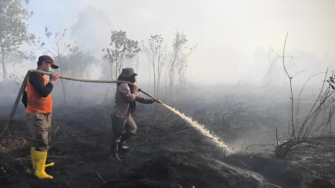 Petugas BPBD saat berusaha memadamkan api di wilayah Karhutla Jalan Pramuka, belum lama ini. (FOTO : BPBD UNTUK KP)