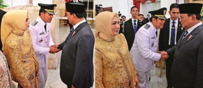 Presiden RI Prabowo Subianto memberikan ucapan selamat kepada Bupati Pulang Pisau H Ahmad Rifa’I dan Wakil Bupati Pulang Pisau H Ahmad Jayadikarta di Istana Negara, Kamis (20/2). (HUMAS)