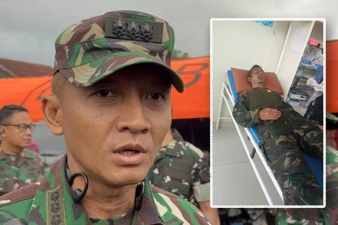 Kepala Penerangan Kodam IIISiliwangi Kolonel Inf Mahmuddin. Insert Salah satu anggota TNI yang ditemukan selamat dari bencana longsor. (Foto Rubby JovanAntara)