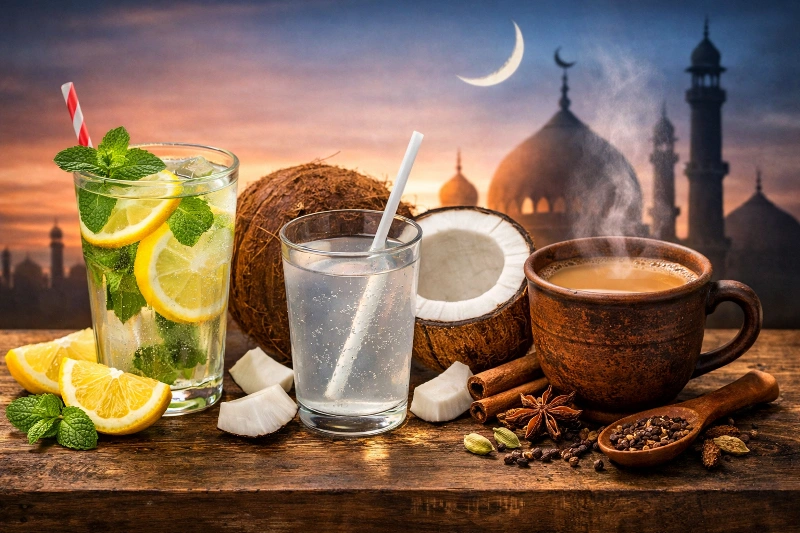 Ilustrasi minuman pengganti kopi saat sahur seperti air lemon, air kelapa, dan teh chai yang lebih aman untuk menjaga hidrasi selama puasa Ramadan.