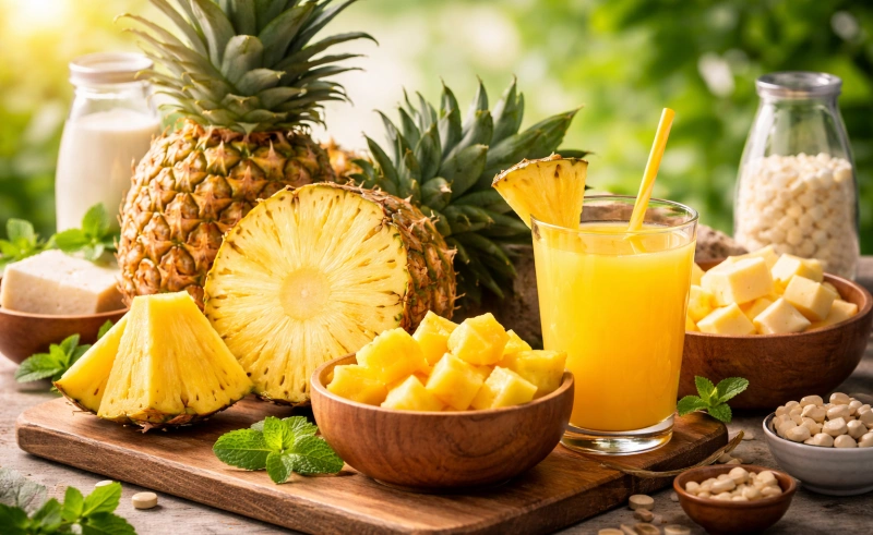 Ilustrasi buah nanas segar yang kaya vitamin C dan tembaga, baik untuk kesehatan kulit, kehamilan, dan tulang.