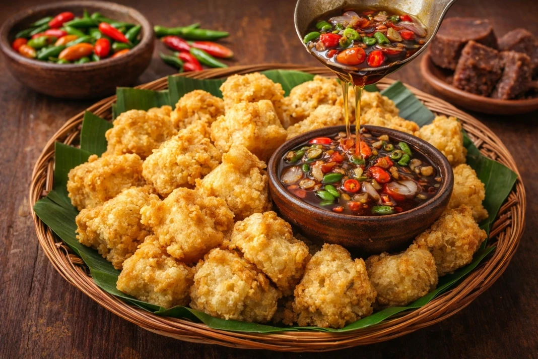 Tahu aci krispi disajikan dengan kuah gejrot pedas manis, menu takjil gurih yang siap bikin momen buka puasa makin nikmat dan bikin nambah.