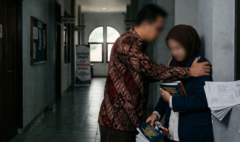 Ilustrasi pelecehan seksual di lingkungan kampus akibat relasi kuasa antara dosen dan mahasiswa.