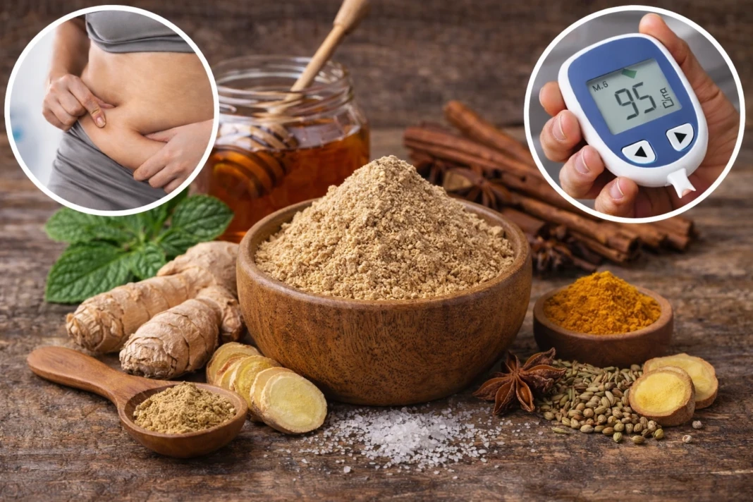 Ilustrasi jahe kering dan aneka rempah alami yang dikenal membantu meningkatkan metabolisme, meredakan peradangan, serta menjaga kadar gula darah tetap stabil.